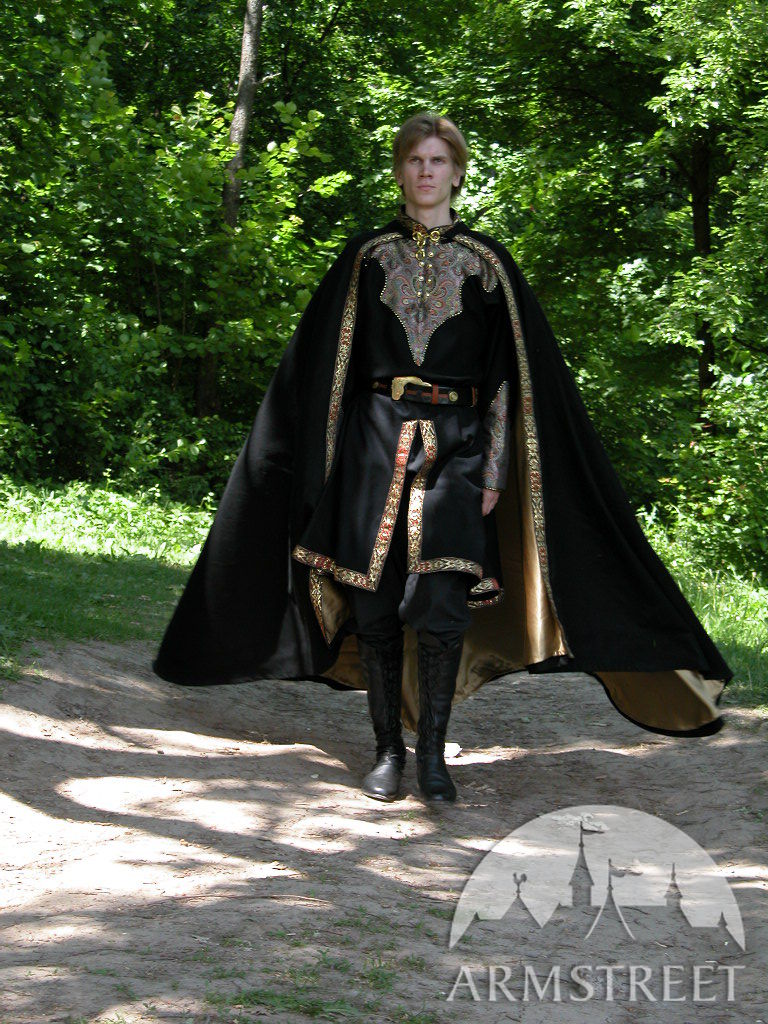 Medieval fantasy noble tunic with exclusive brocade finishing for sale. Available in green flax