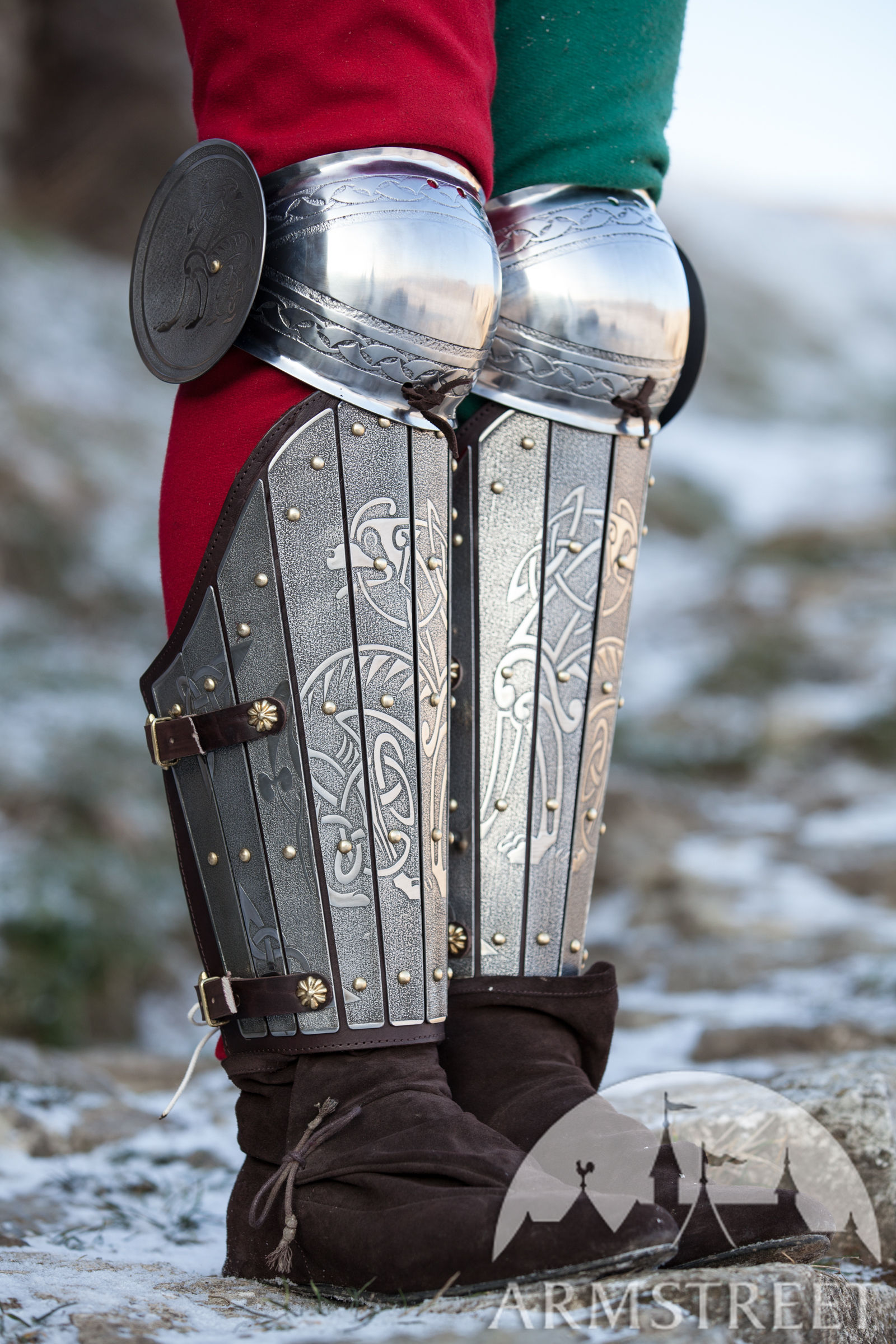 Medieval sca legal splint combat armor greaves with knee cop for sale