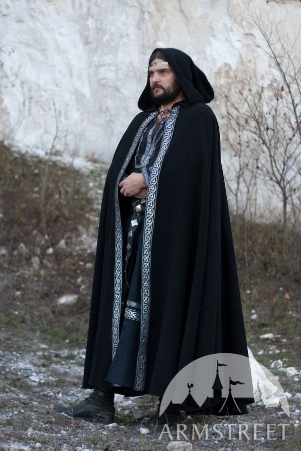 Medieval wool black cloak with original celtic trim for sale. Available
