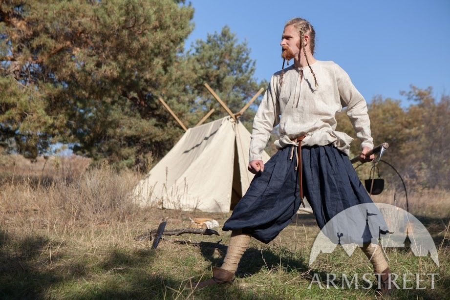 Viking's pants, linen shirt and tent