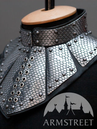 Fantasy gorget armor: etched leather and stainless steel