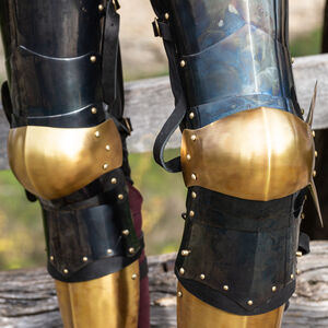 Blackened and brassed spring steel thigh armor “Evening Star”