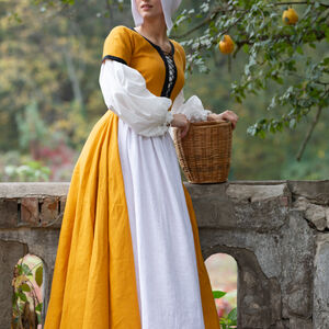 Complete women's costume Townswoman: dress, sleeves, underdress, apron, coif