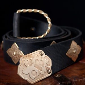 Medieval Armor Black Leather Belt with etched brass accents
