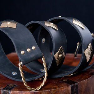 Medieval Armor Black Leather Belt with etched brass accents
