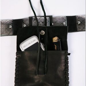 Handmade medieval black leathe pouch with steel etched accents