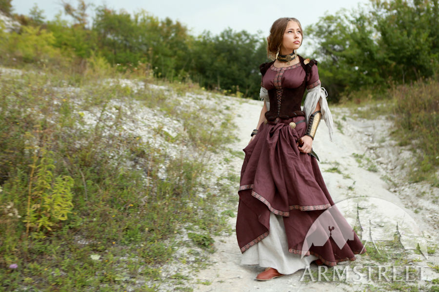 Archeress flax linen medieval garb: dress, chemise and corset