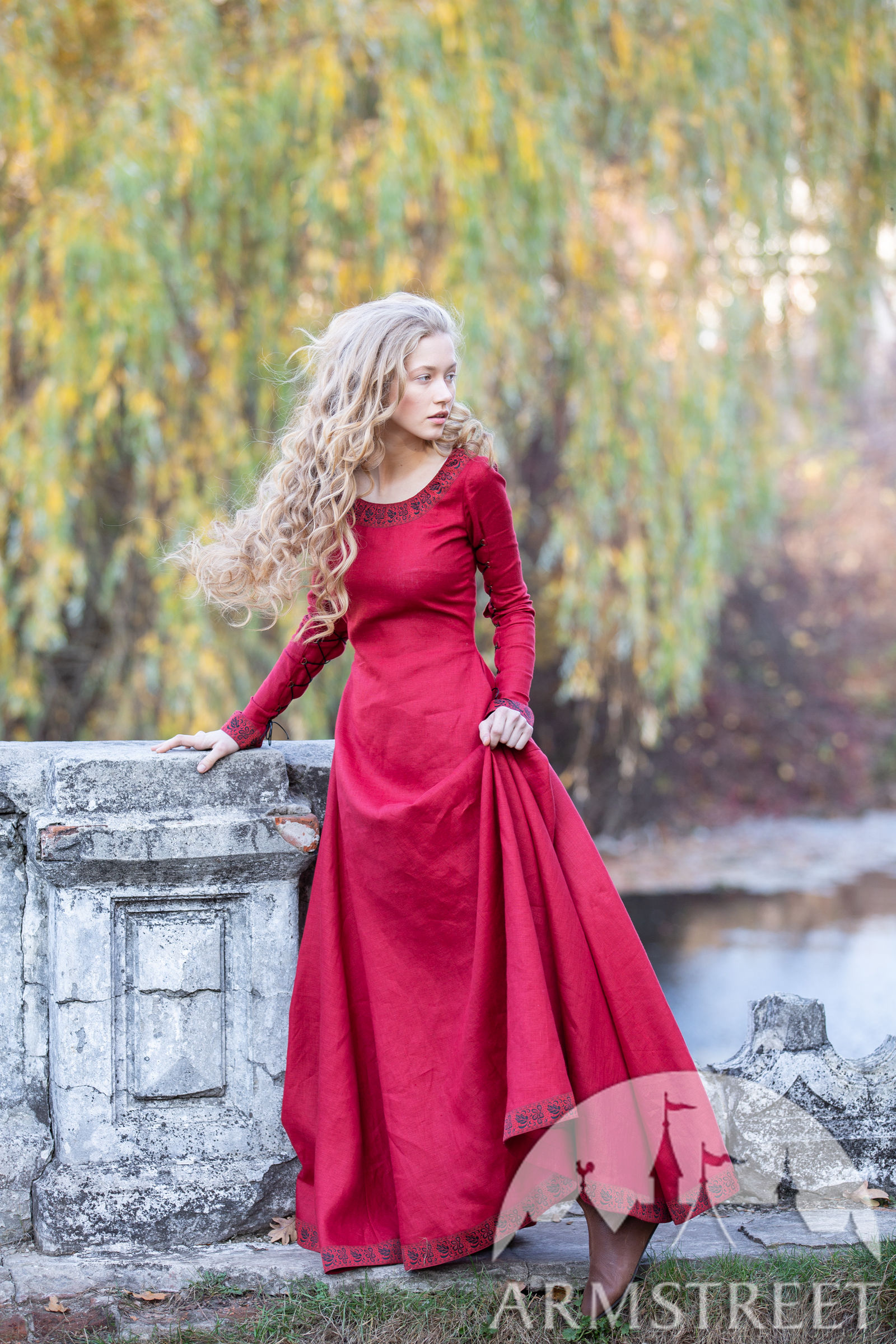 Fantasy linen dress "Autumn Princess" for sale. Available in green flax linen, blue flax linen
