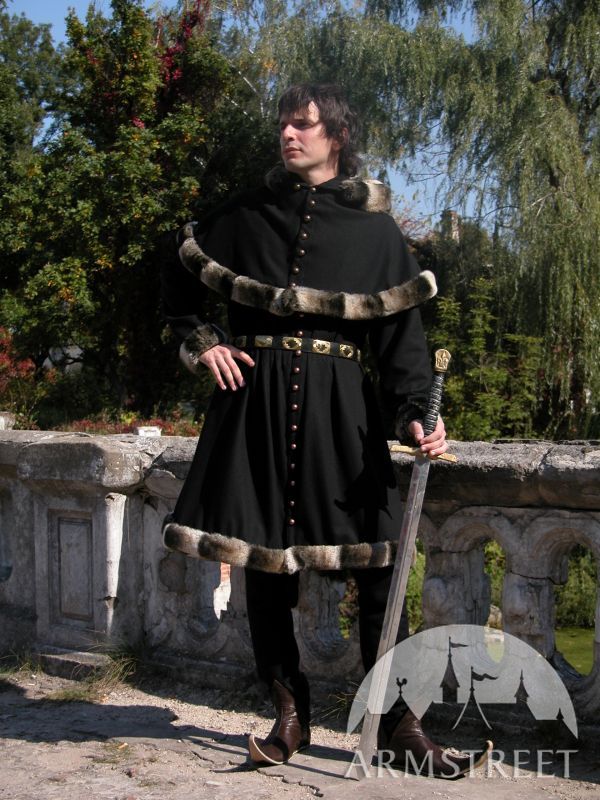 Medieval Wool Coat Tunic Garb Tappert And Hood for sale. Available in black wool by
