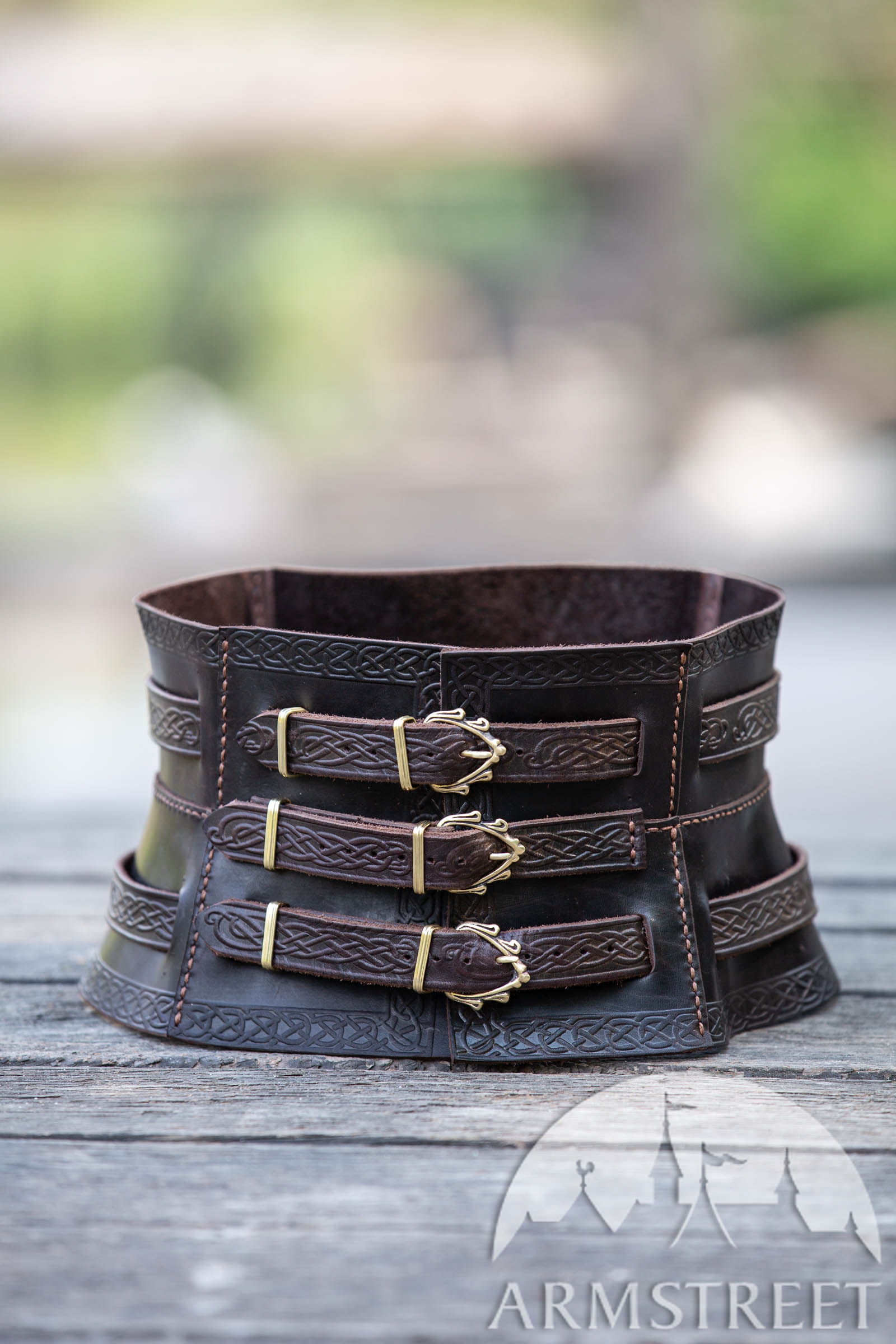 Viking War Corset Belt with Embossing “Gudrun the Wolfdottir” for sale.  Available in: brown leather, black leather, ivory leather :: by medieval  store ArmStreet
