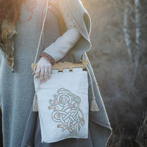 Big bag medieval handmade embroidery and wooden chairback handles