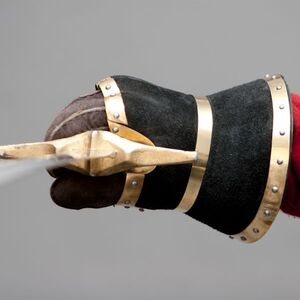 Demi gauntlets with black leather cover and brass trimming side view