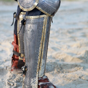 Eastern medieval greaves armor with knee cops