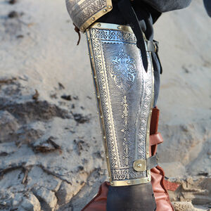 Eastern style functional medieval greaves with cops
