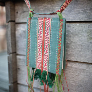 Embroidered flax linen pouch with trim and accents "Fireside Family" belt bag