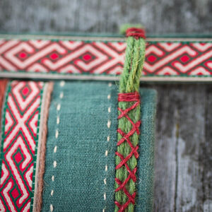 Embroidered flax linen pouch with trim and accents "Fireside Family" belt bag