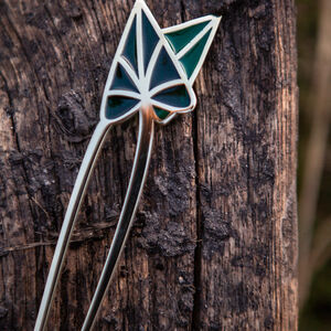 Enamel and brass two-pronged hair pin “Water Flowers”