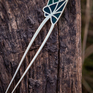 Enamel and brass two-pronged hair pin “Water Flowers”