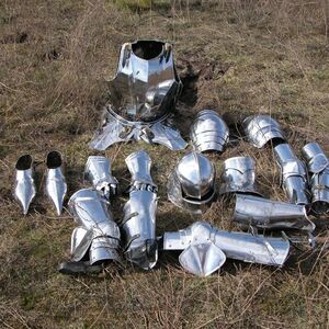 Sallet helmet, gothic cuirass, armor legs, pauldrons, gorget, medieval legs, sabatons