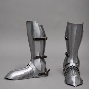 Medieval functional armor sabatons with greaves attached