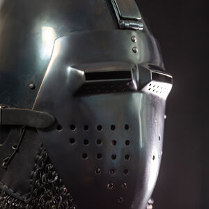 Klappvisor Sitten bascinet helmet in blackened spring steel by ArmStreet