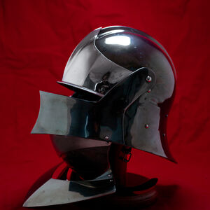 Blackened spring steel sallet helmet with bevor