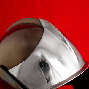 Contrasting details of sallet helmet with bevor