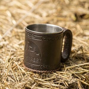 Stainless steel mug with embossed leather outer