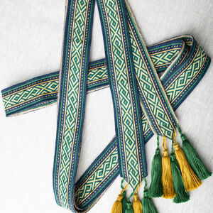 Unisex wide fabric belt with trim and tassels "Fireside Family"