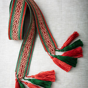 Unisex wide fabric belt with trim and tassels "Fireside Family"