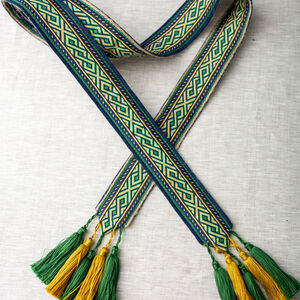 Unisex wide fabric belt with trim and tassels "Fireside Family"