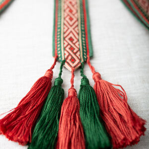 Unisex wide fabric belt with trim and tassels "Fireside Family"