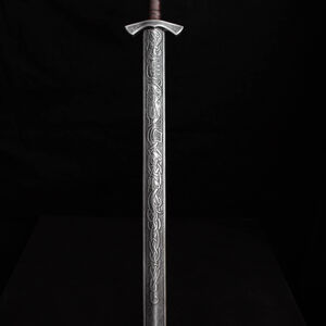 Viking sword LARP weapon made of foam decorated with knotwork and wolves