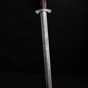 Viking sword LARP weapon made of foam decorated with knotwork and wolves