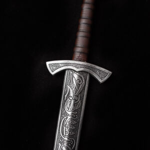 Viking sword LARP weapon made of foam decorated with knotwork and wolves