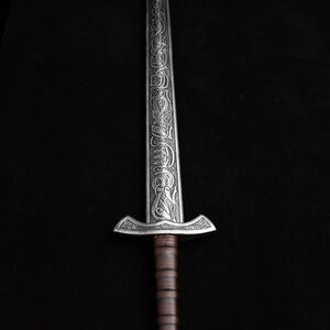 Viking sword LARP weapon made of foam decorated with knotwork and wolves