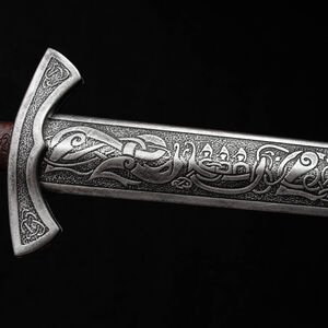 Viking sword LARP weapon made of foam decorated with knotwork and wolves