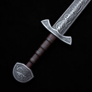 Viking sword LARP weapon made of foam decorated with knotwork and wolves