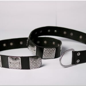 Handmade medieval black leather belt with steel etched accents