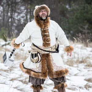Yule edition white wool Viking kaftan with embroidery and faux fur