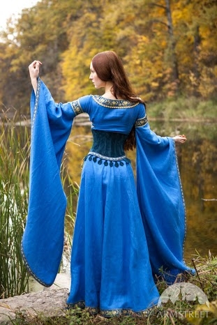 Medieval blue linen dress with wide sleeves