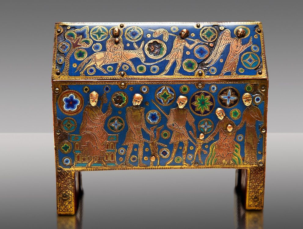 Gothic chest decorated with the Slaughter of the Innocents from Limoges Circa 1210-1220. Engraved copper with inlaid enamel champlevé and glass on wooden core. National Museum of Catalan Art, Barcelona, Spain